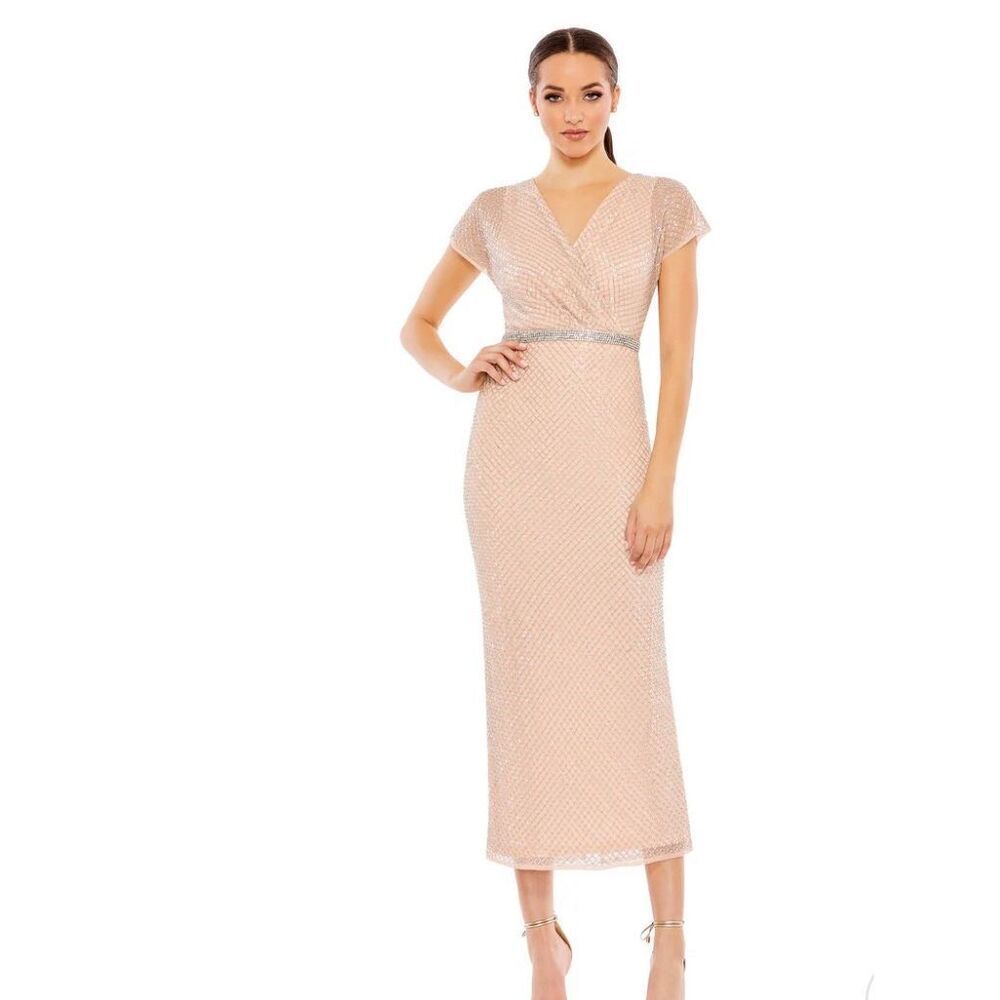 Mac Duggal BEADED WRAP V-NECK SHORT SLEEVE DRESS